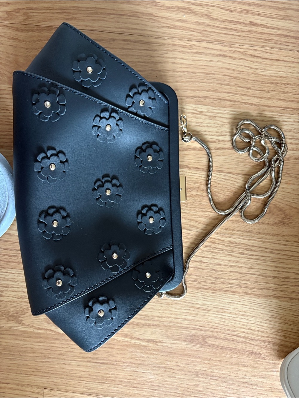 Zac Posen Black Floral-Appliqué Crossbody with Gold Chain